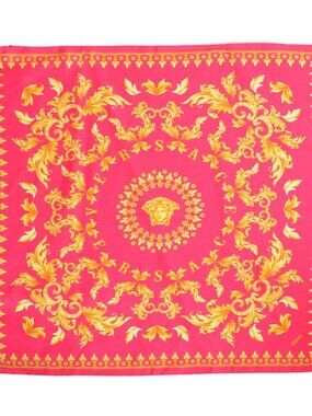 Versace Raspberry & Gold Versace Signature Print 100% Silk Shawl Scarf Bandana